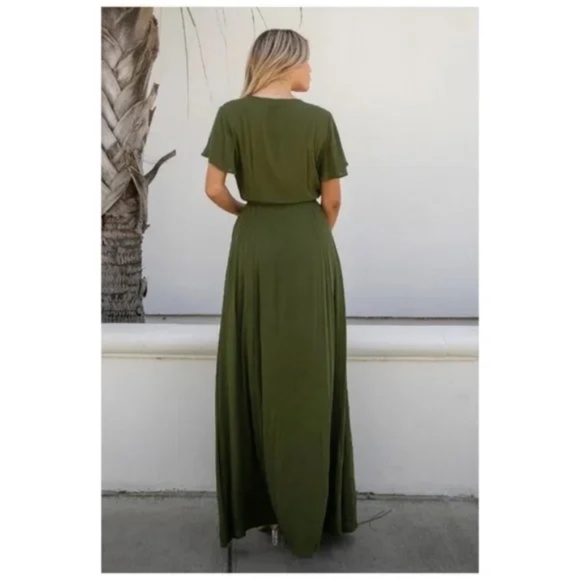 Olive Green Short Flutter Sleeve Wrap Spring Maxi Dress - Picture 5 of 5